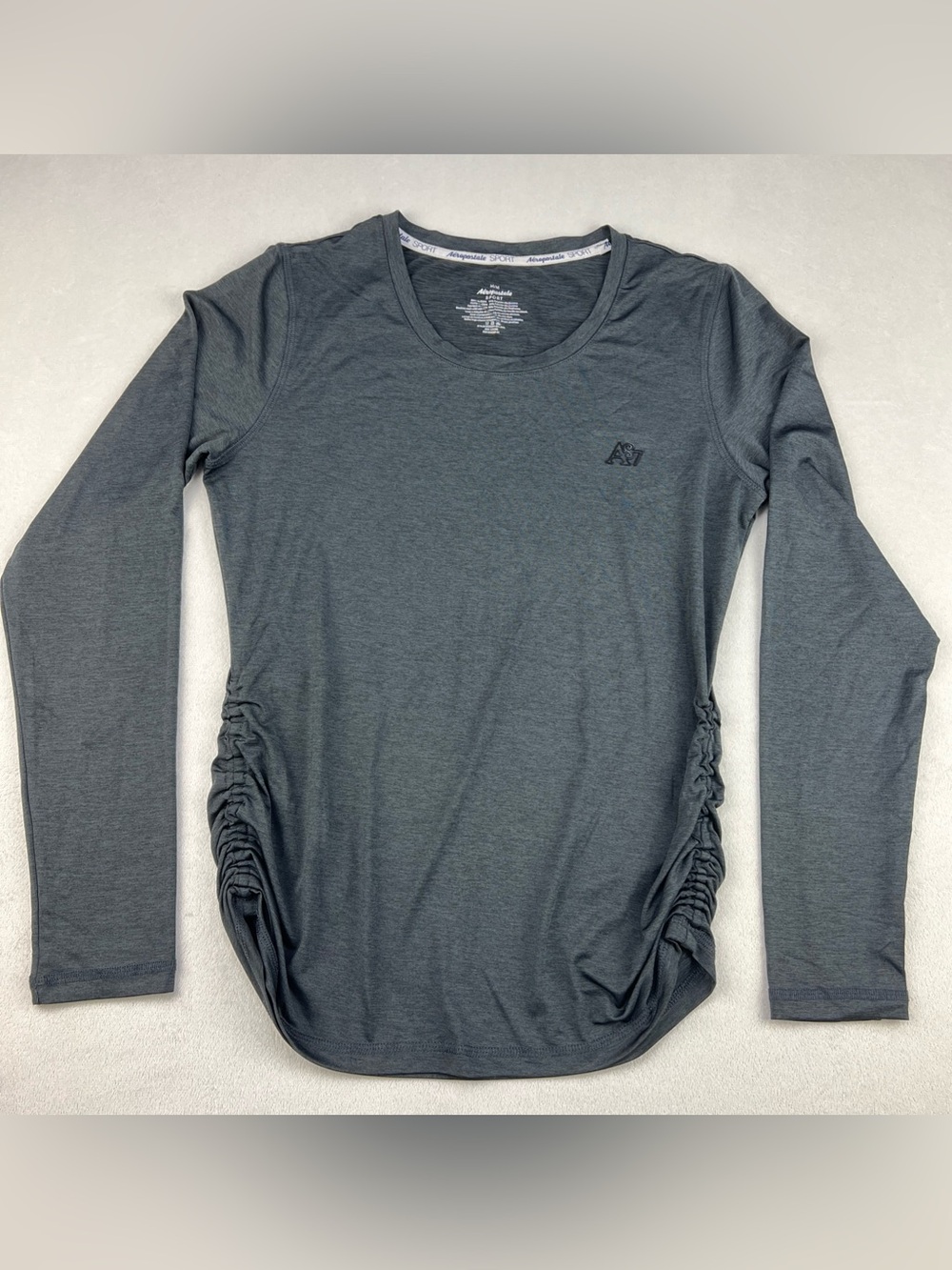 Aeropostale Aero Sport Womens Medium Long Sleeve Shirt Gray Ruched Sides